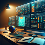 Photographic volleyball analytics desk with monitors, tactics board, and probability charts for upcoming matches