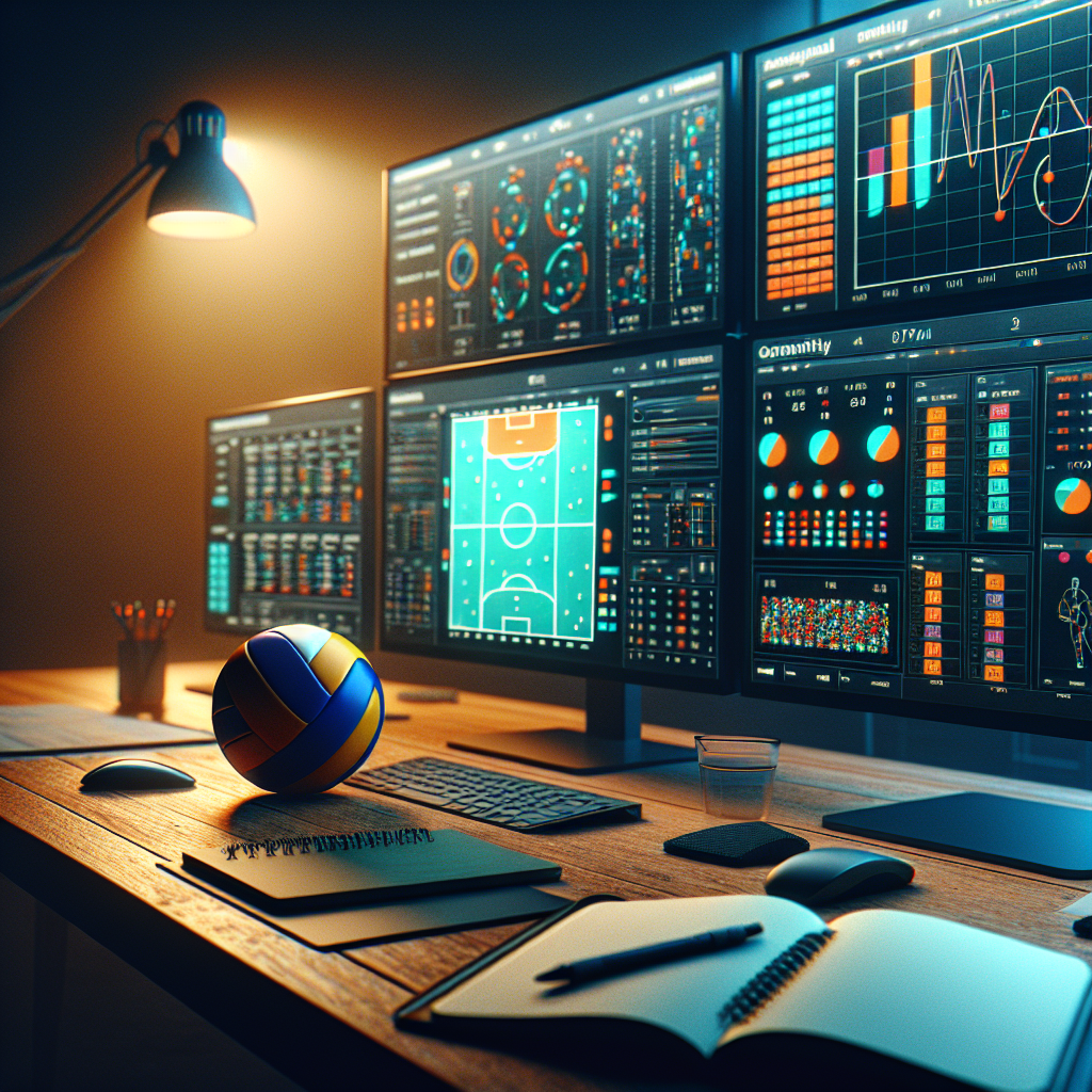 Photographic volleyball analytics desk with monitors, tactics board, and probability charts for upcoming matches