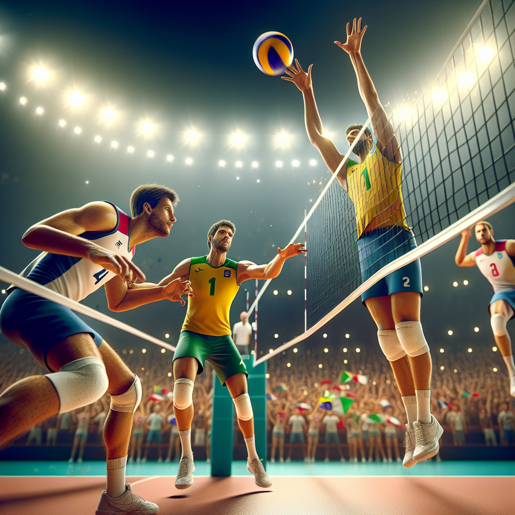 Voleybol Millətlər Liqasında Braziliya-İtaliya hücumu, fonunda ABŞ və Polşa bayraqları.